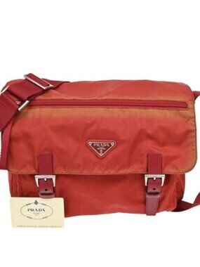 PRADA MILANO Logo Tessuto Hobo Shoulder Messenger Bag Nylon Leather Red 30ZA207